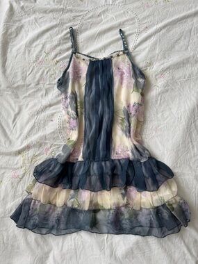 Y2K Sheer Floral Tiered Ruffle Long Blouse Top in Navy & Lavender Size XS/S